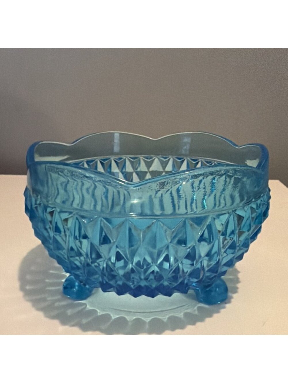 Vintage Indiana Glass Diamond Point 3 Footed Bon Bon Horizon Blue